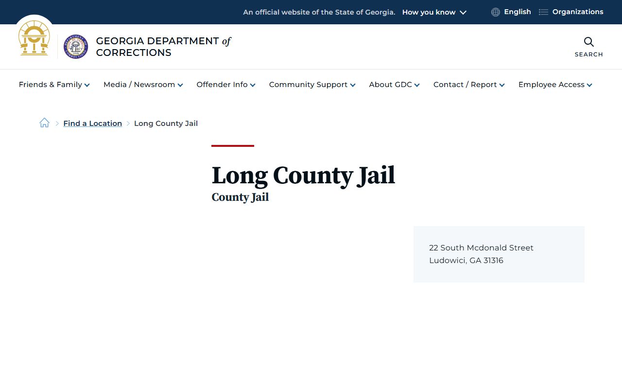 Georgia Department of Corrections Long County Jail location listing