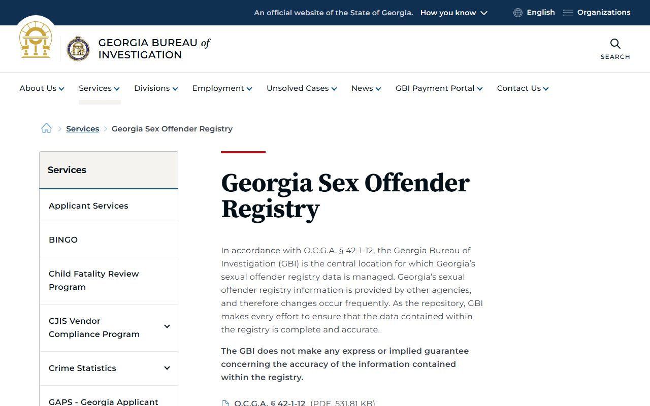 GBI Georgia Sex Offender Registry service page