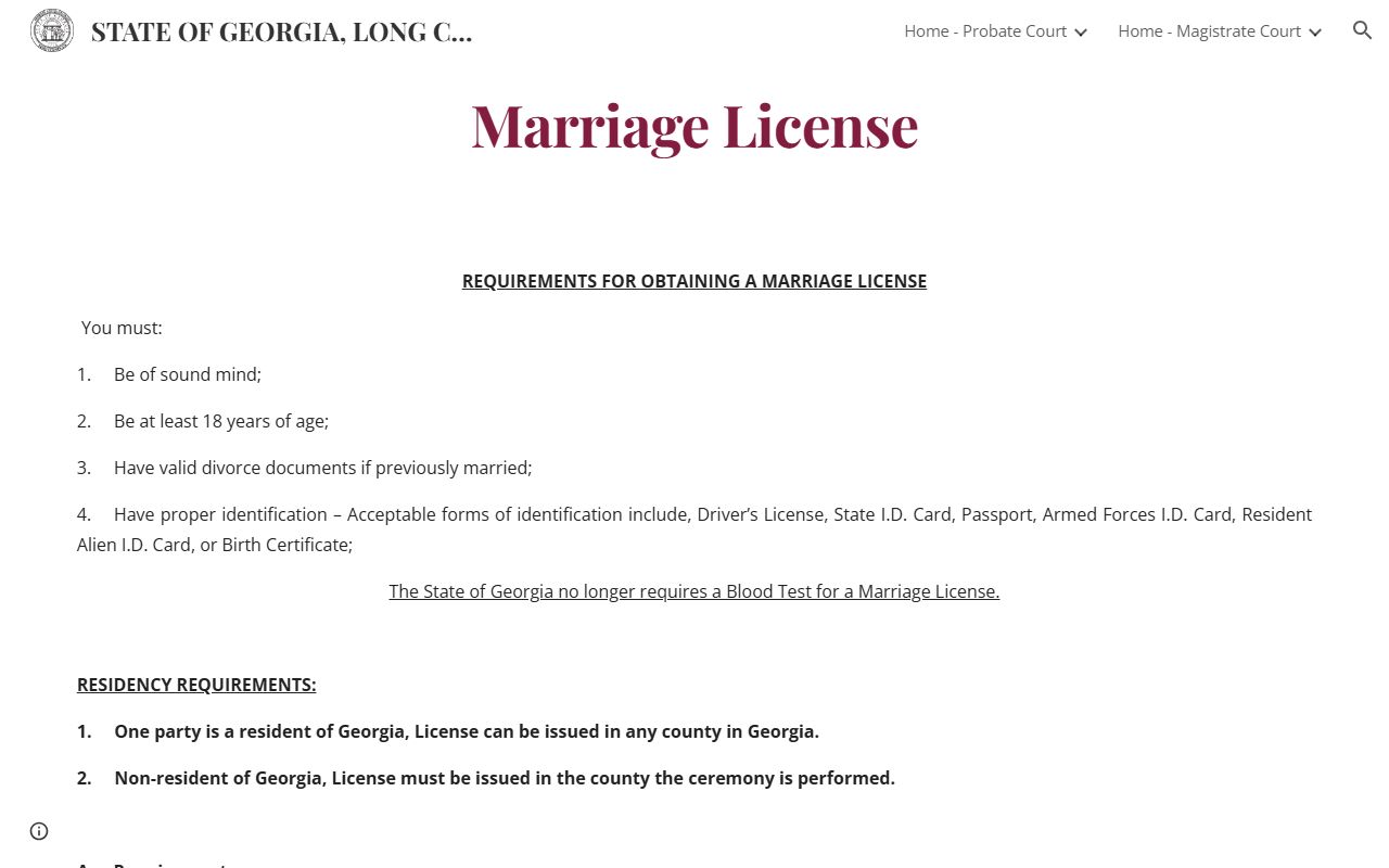 Long County marriage records Probate Court license requirements