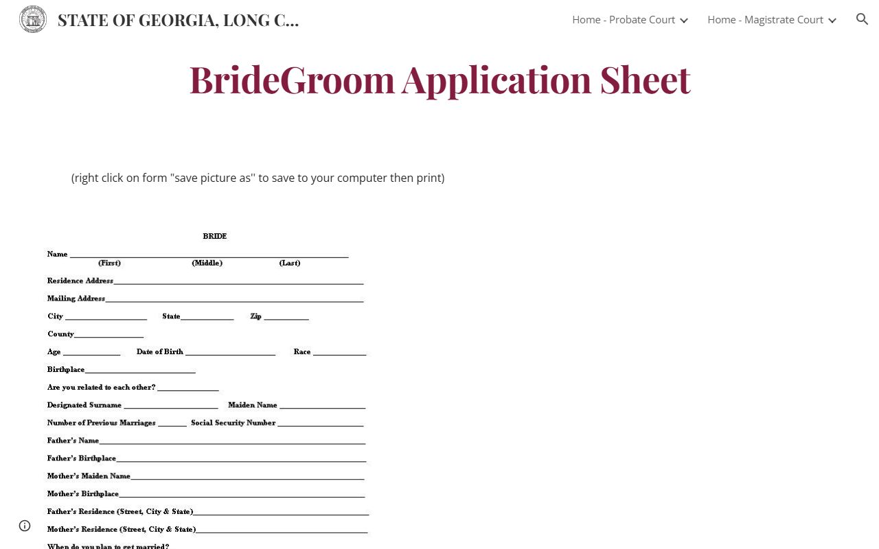 Long County marriage records bride groom application sheet