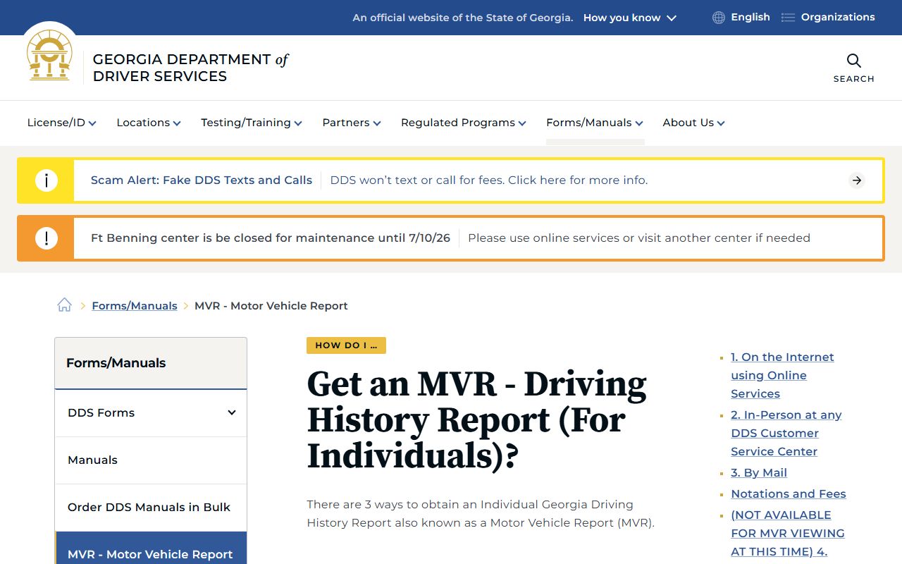 Georgia DDS driving history request options