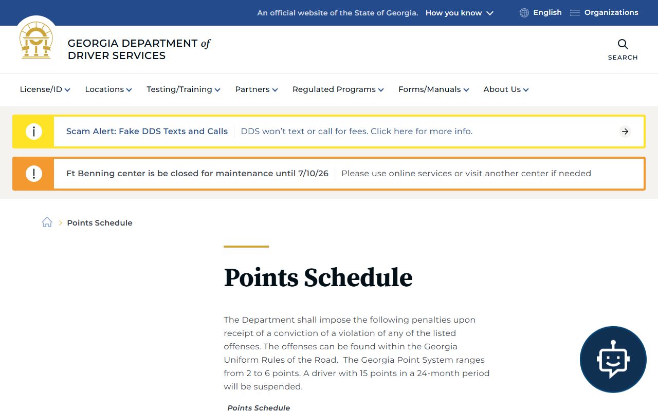 Georgia DDS points schedule