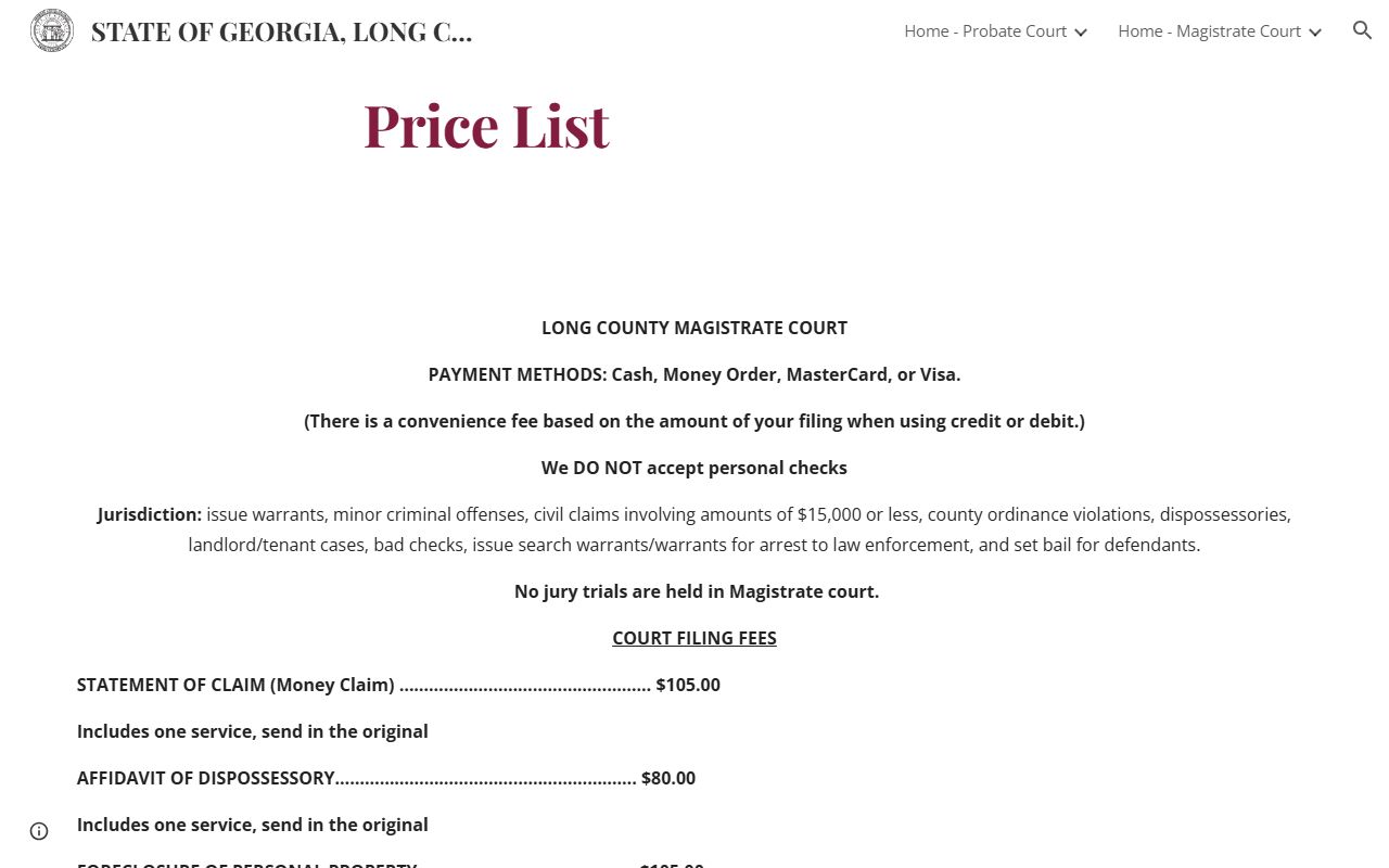 Long County Magistrate Court price list for warrant applications